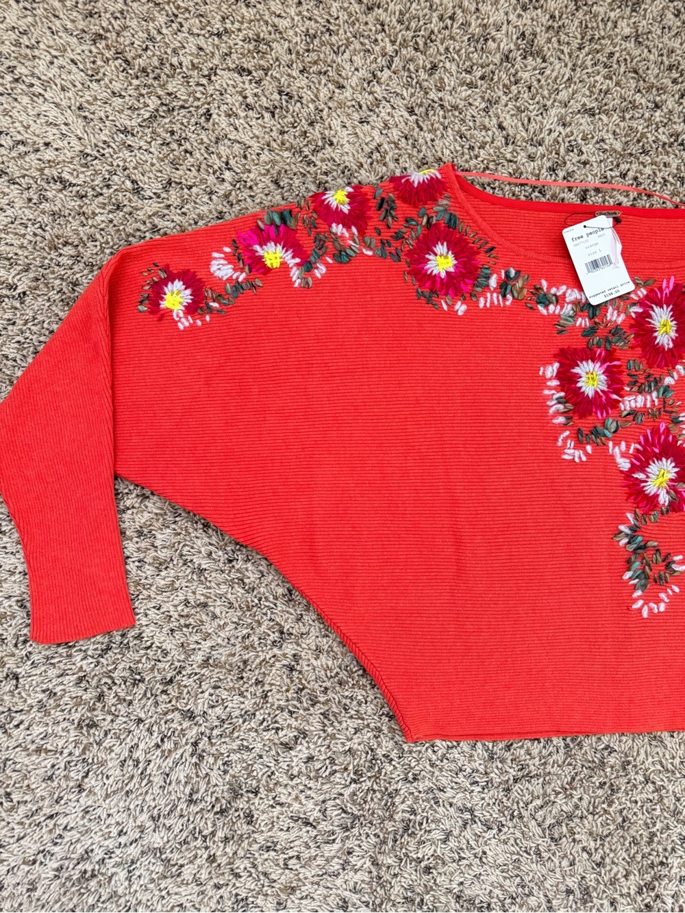NWT Free People L Bouquet Floral Embroidered Dolman Batwing Sweater Orange $198 - Picture 7 of 12